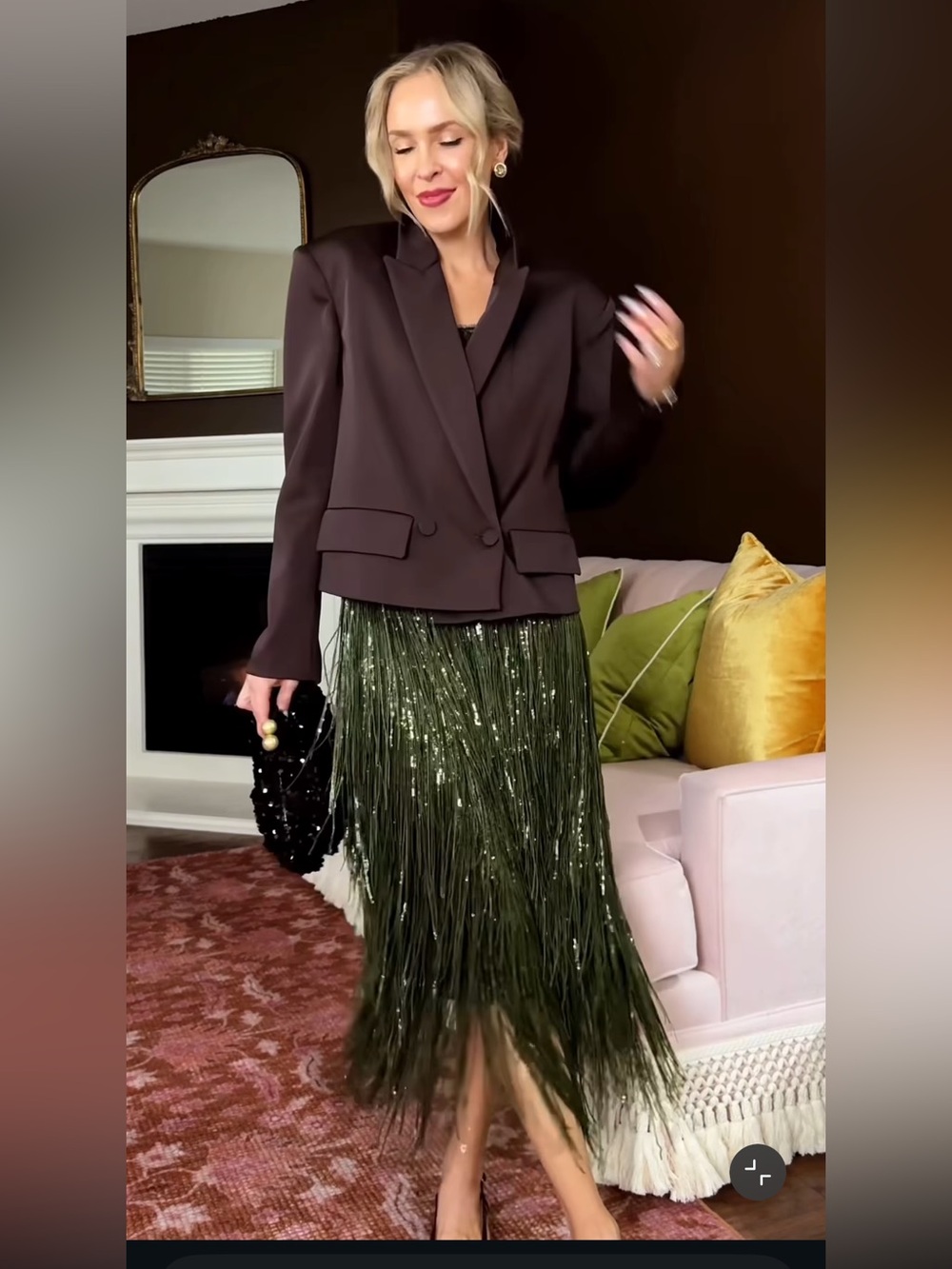 Zara Green Fringe Sequin Midi Skirt
